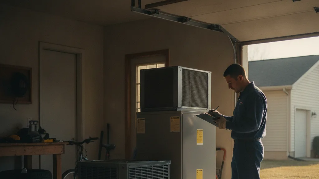 A matched HVAC set staged together in a residential garage: condenser, cased evaporator coil and furnace delivered as one system