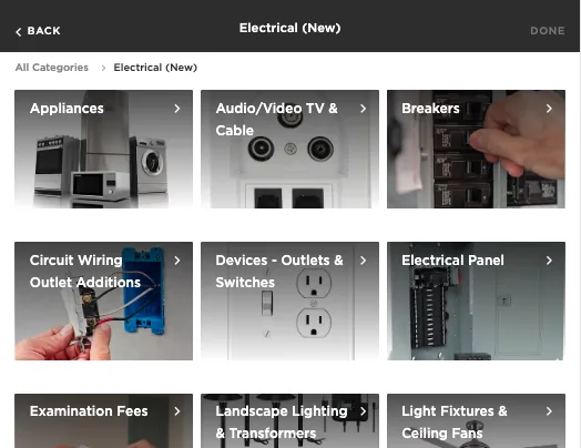 A ServiceTitan electrical book with a real photo on every category: appliances, breakers, circuit wiring, outlets and switches, electrical panel, landscape lighting and light fixtures