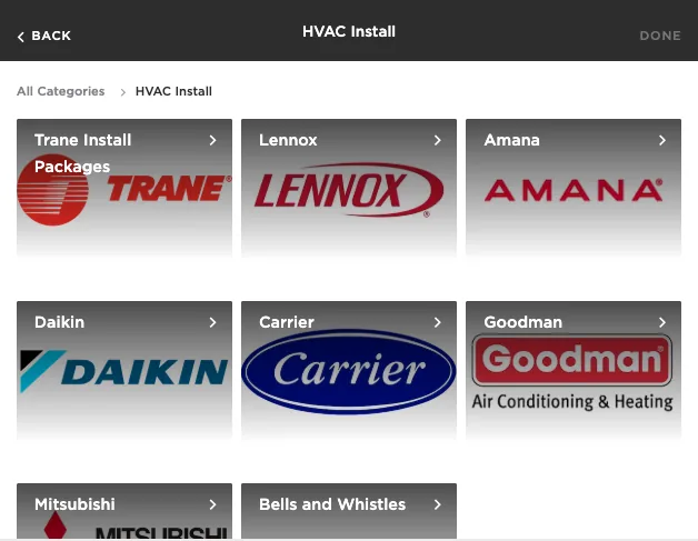ServiceTitan HVAC install menu organized by brand: Trane, Lennox, Amana, Daikin, Carrier, Goodman, Mitsubishi
