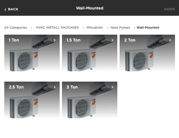 Pre-built tonnage options in ServiceTitan, each system already matched and pictured