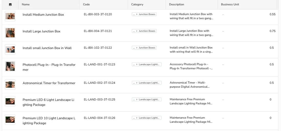 An electrical services list in ServiceTitan with codes, categories, descriptions and hours on every service