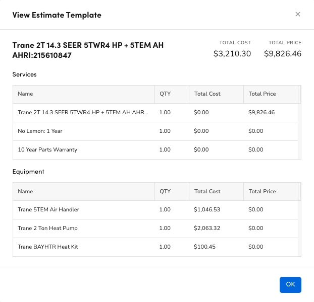 A ServiceTitan dynamic estimate template for a Trane 2 ton heat pump system, showing each service and equipment line with its cost, a total cost, and the customer total price built from it