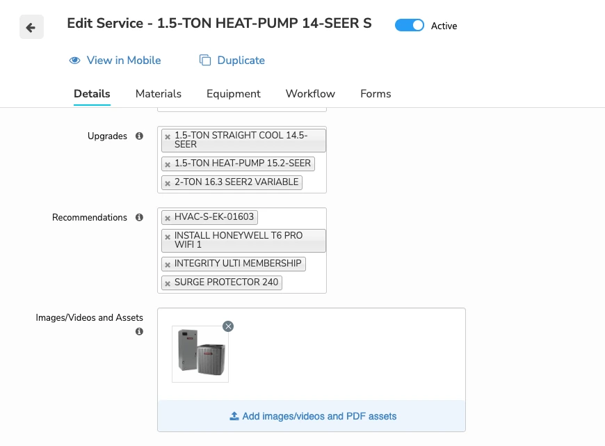A ServiceTitan service edit screen with the Upgrades field filled (a straight-cool, a heat-pump and a variable-speed option) and the Recommendations field filled (a smart thermostat, a membership and a surge protector)