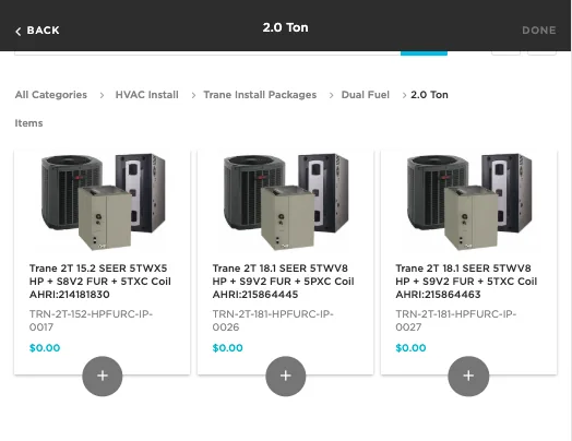 A real ServiceTitan build: Trane install packages with AHRI numbers and tiered, tech-ready options
